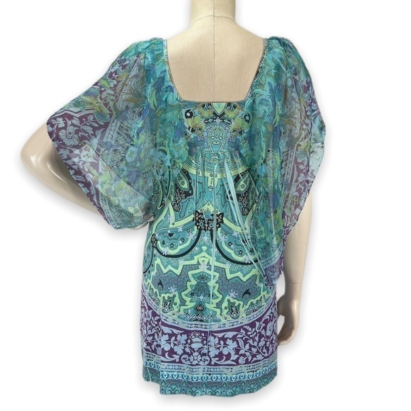 𝅺ONE World Womens S Flutter Sleeve Smocked Tunic Top Blouse Fairy Boho Festive - Picture 2 of 4